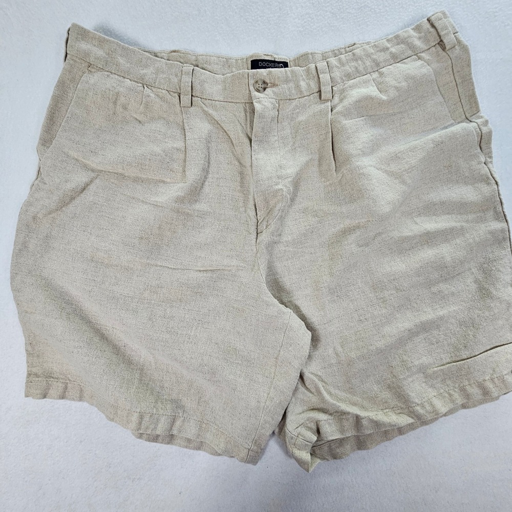 Dockers‎ Mens Beige Linen Cotton Pleated Relaxed Fit Shorts W40 306595421